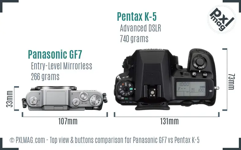 Panasonic GF7 vs Pentax K-5 top view buttons comparison