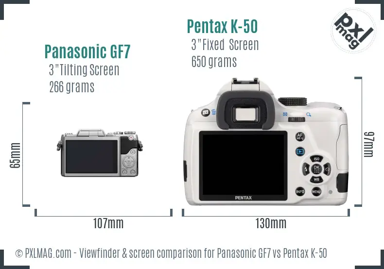 Panasonic GF7 vs Pentax K-50 Screen and Viewfinder comparison