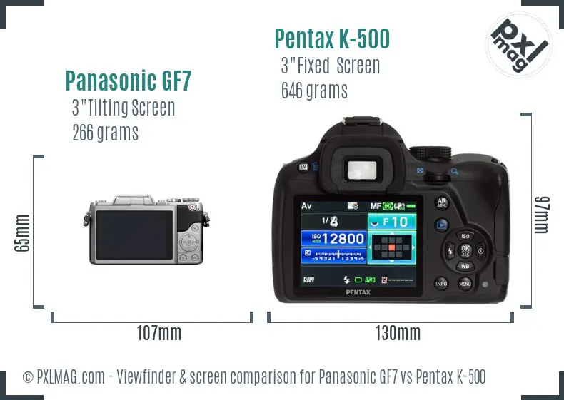 Panasonic GF7 vs Pentax K-500 Screen and Viewfinder comparison