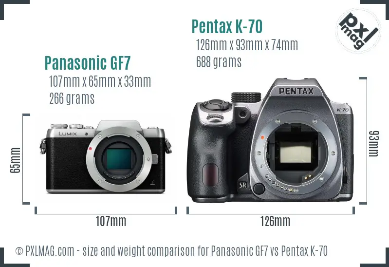 Panasonic GF7 vs Pentax K-70 size comparison