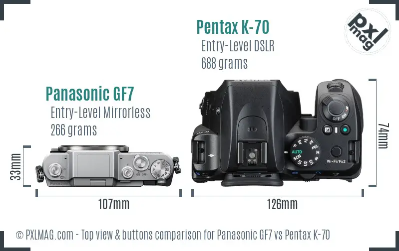 Panasonic GF7 vs Pentax K-70 top view buttons comparison