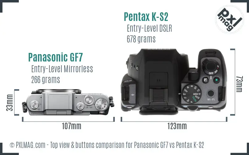 Panasonic GF7 vs Pentax K-S2 top view buttons comparison