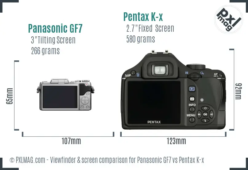 Panasonic GF7 vs Pentax K-x Screen and Viewfinder comparison