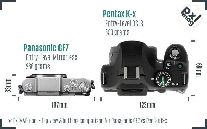 Panasonic GF7 vs Pentax K-x top view buttons comparison