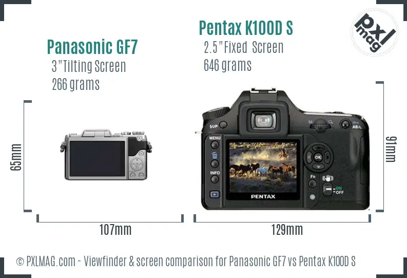 Panasonic GF7 vs Pentax K100D S Screen and Viewfinder comparison