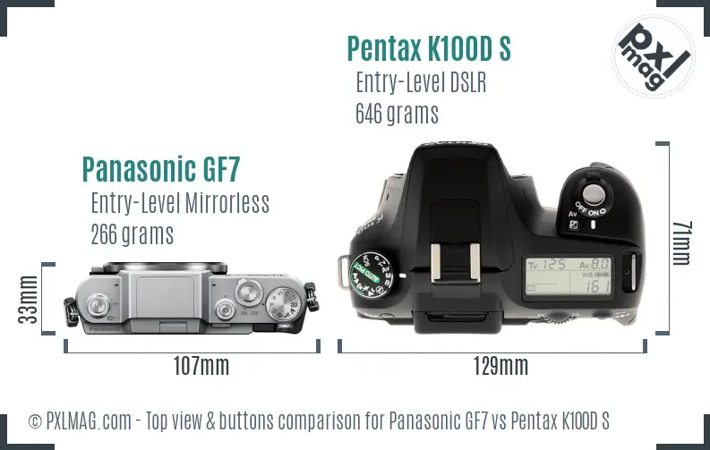 Panasonic GF7 vs Pentax K100D S top view buttons comparison