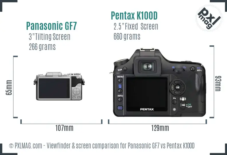 Panasonic GF7 vs Pentax K100D Screen and Viewfinder comparison