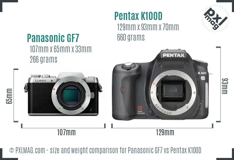 Panasonic GF7 vs Pentax K100D size comparison