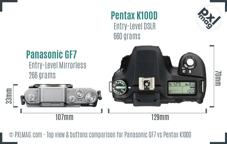 Panasonic GF7 vs Pentax K100D top view buttons comparison