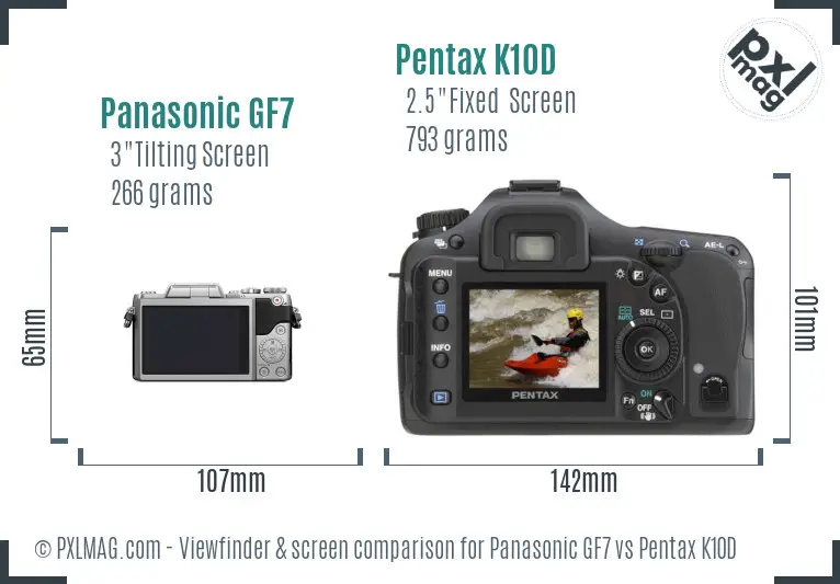 Panasonic GF7 vs Pentax K10D Screen and Viewfinder comparison