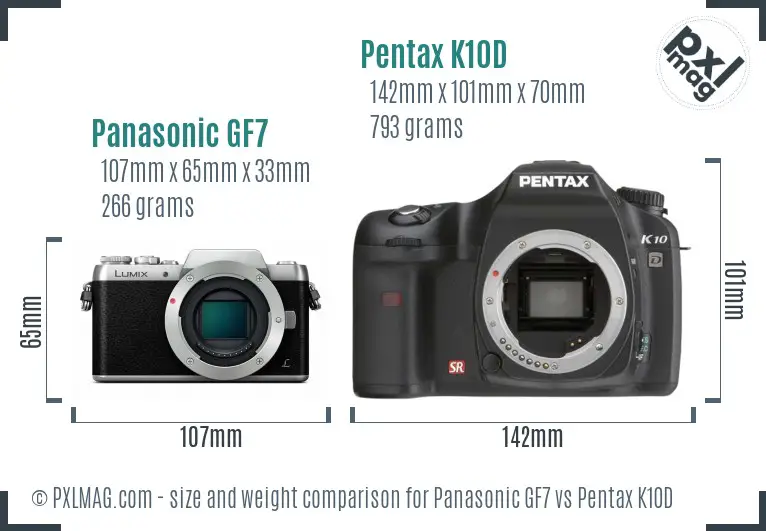 Panasonic GF7 vs Pentax K10D size comparison