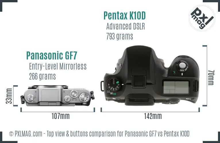 Panasonic GF7 vs Pentax K10D top view buttons comparison