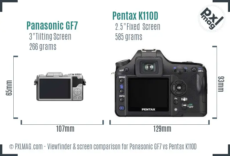 Panasonic GF7 vs Pentax K110D Screen and Viewfinder comparison