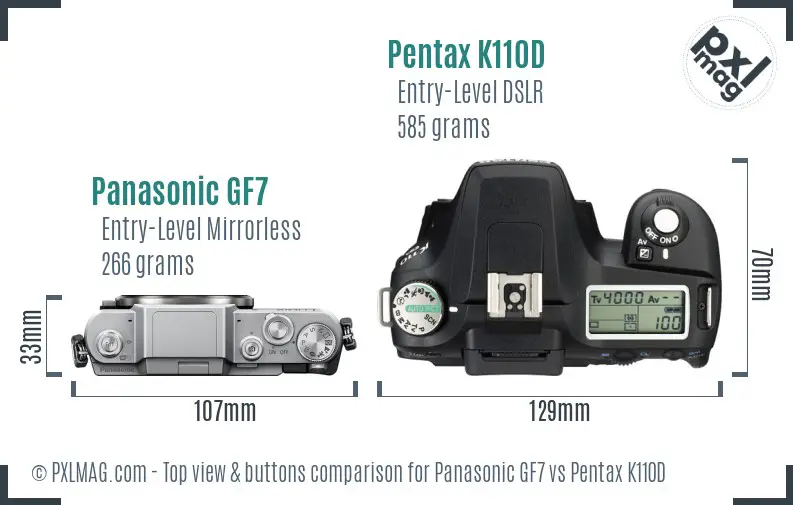 Panasonic GF7 vs Pentax K110D top view buttons comparison