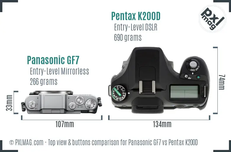 Panasonic GF7 vs Pentax K200D top view buttons comparison