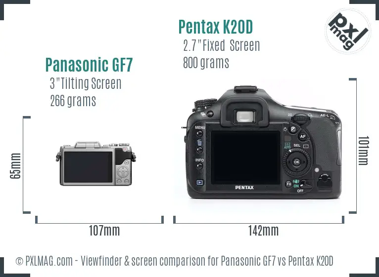 Panasonic GF7 vs Pentax K20D Screen and Viewfinder comparison