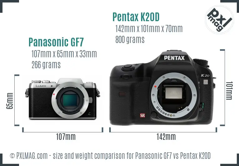 Panasonic GF7 vs Pentax K20D size comparison