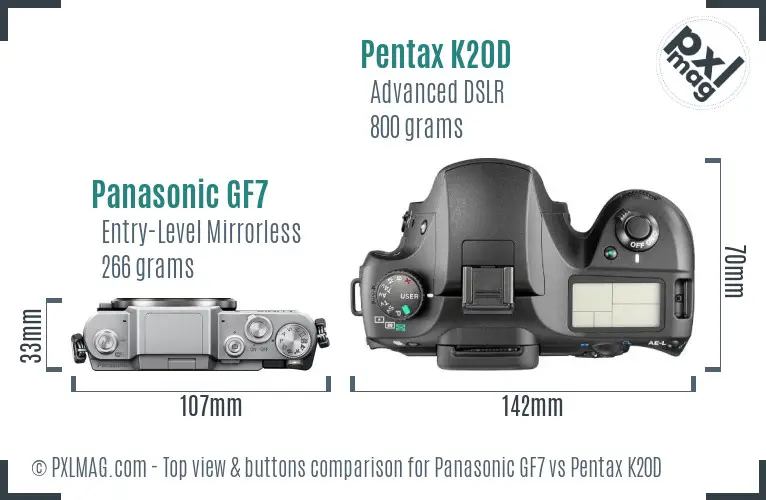 Panasonic GF7 vs Pentax K20D top view buttons comparison