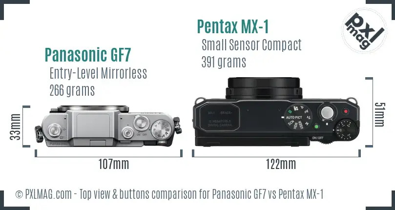 Panasonic GF7 vs Pentax MX-1 top view buttons comparison