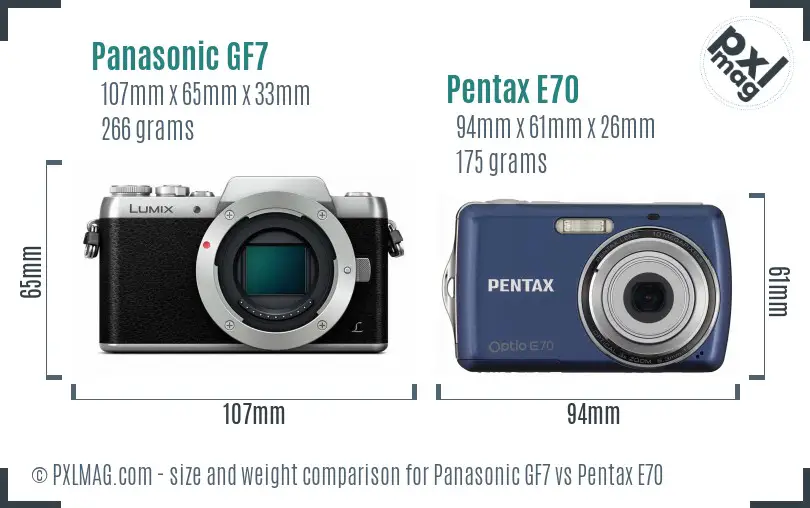 Panasonic GF7 vs Pentax E70 size comparison