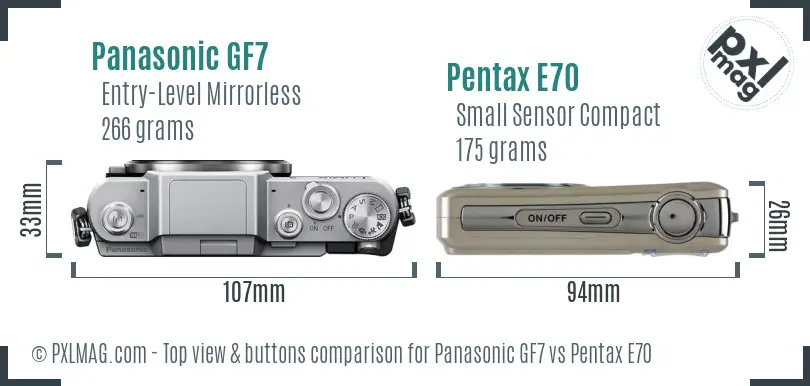 Panasonic GF7 vs Pentax E70 top view buttons comparison