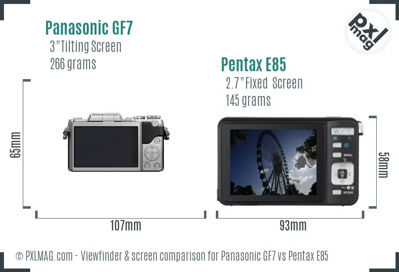 Panasonic GF7 vs Pentax E85 Screen and Viewfinder comparison