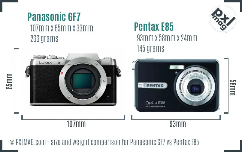 Panasonic GF7 vs Pentax E85 size comparison