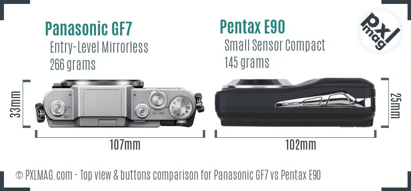 Panasonic GF7 vs Pentax E90 top view buttons comparison
