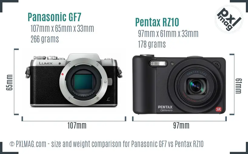 Panasonic GF7 vs Pentax RZ10 size comparison