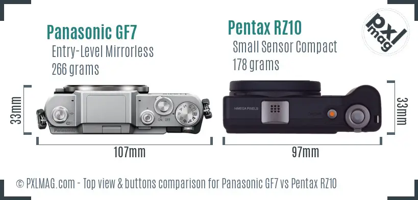 Panasonic GF7 vs Pentax RZ10 top view buttons comparison