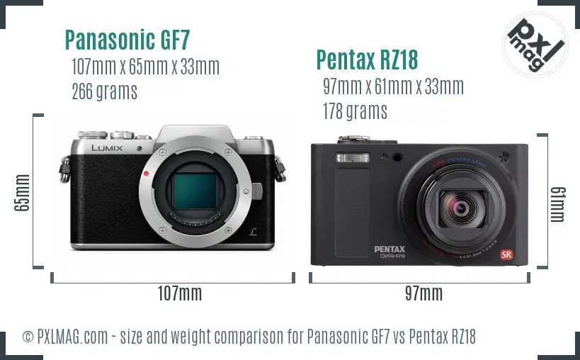 Panasonic GF7 vs Pentax RZ18 size comparison
