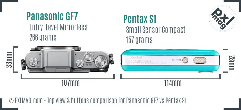 Panasonic GF7 vs Pentax S1 top view buttons comparison