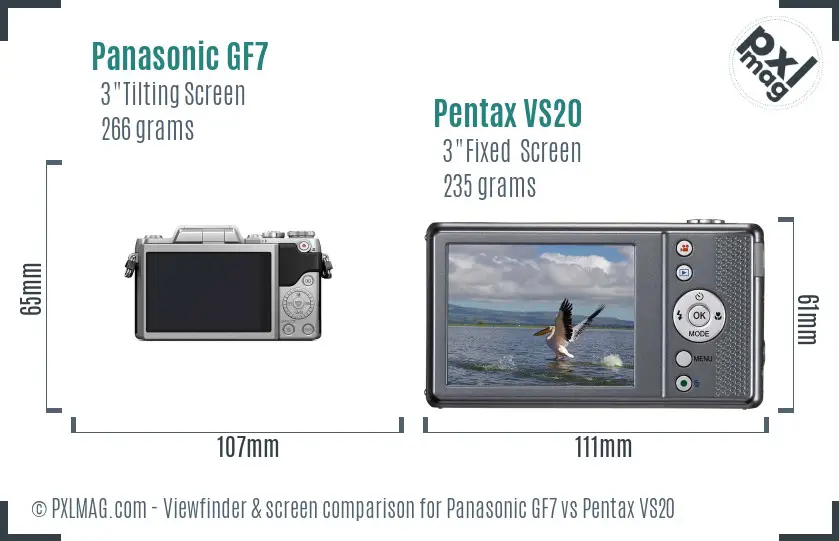 Panasonic GF7 vs Pentax VS20 Screen and Viewfinder comparison