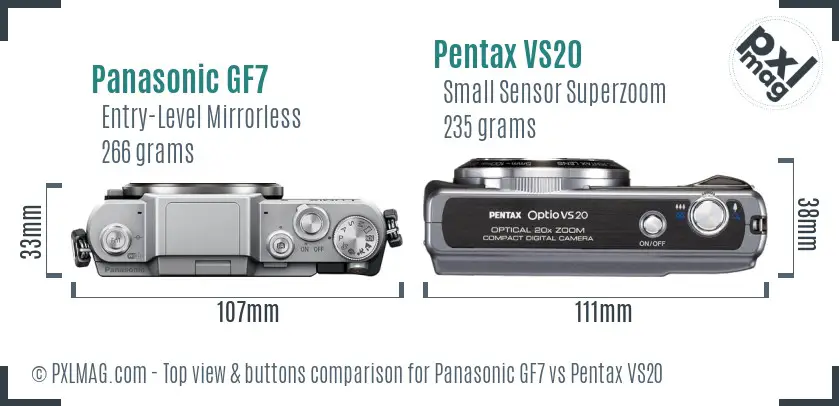 Panasonic GF7 vs Pentax VS20 top view buttons comparison