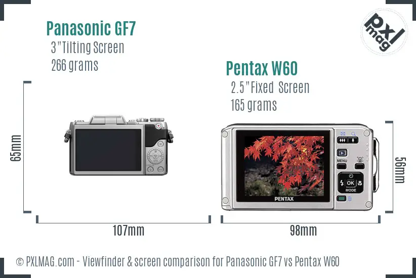 Panasonic GF7 vs Pentax W60 Screen and Viewfinder comparison
