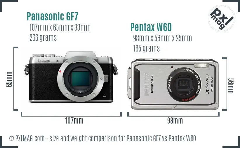 Panasonic GF7 vs Pentax W60 size comparison