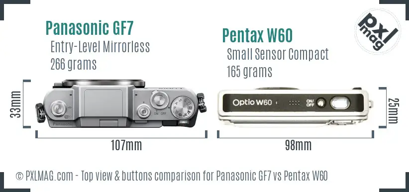 Panasonic GF7 vs Pentax W60 top view buttons comparison