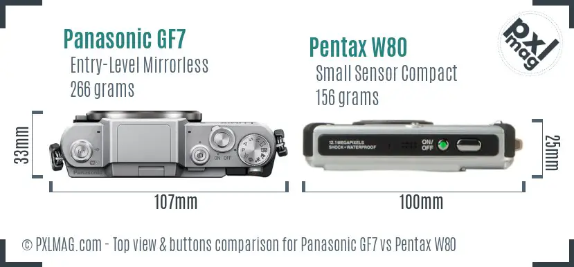 Panasonic GF7 vs Pentax W80 top view buttons comparison