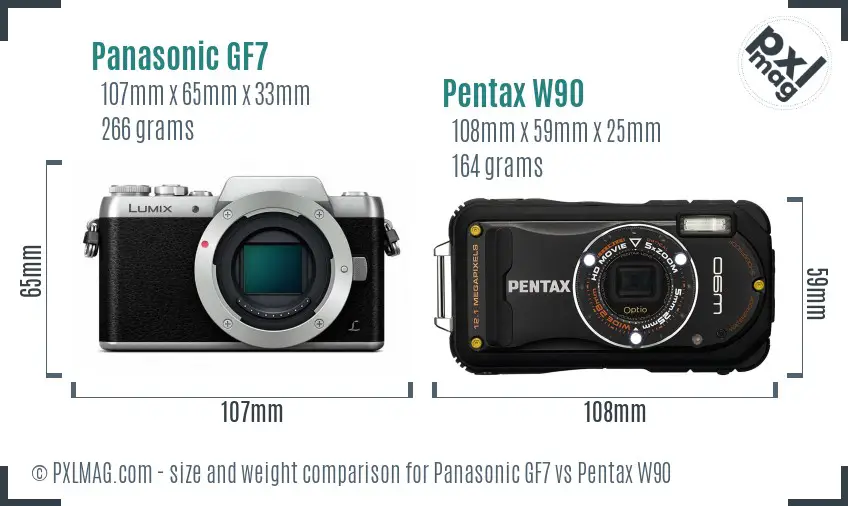 Panasonic GF7 vs Pentax W90 size comparison