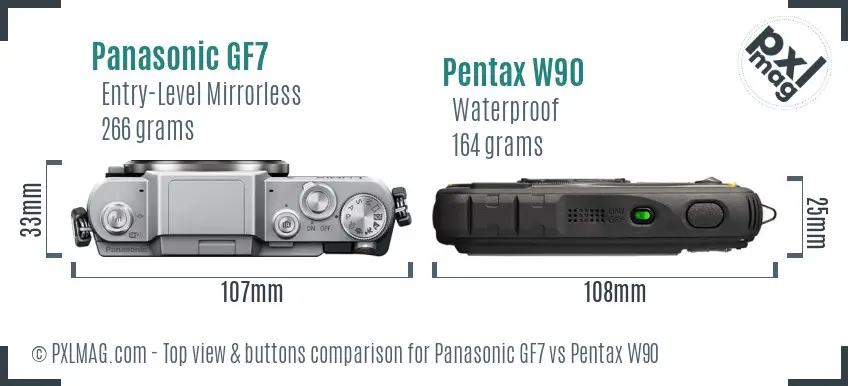 Panasonic GF7 vs Pentax W90 top view buttons comparison