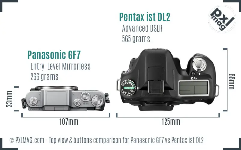 Panasonic GF7 vs Pentax ist DL2 top view buttons comparison
