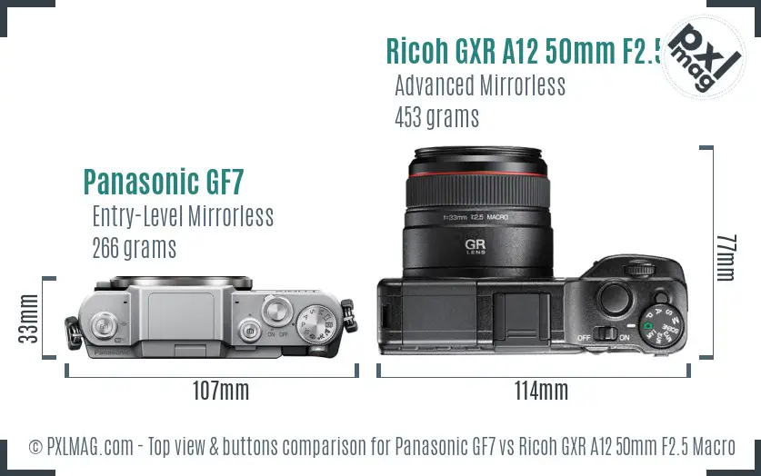 Panasonic GF7 vs Ricoh GXR A12 50mm F2.5 Macro top view buttons comparison