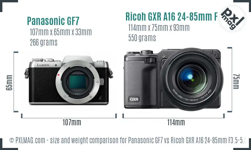 Panasonic GF7 vs Ricoh GXR A16 24-85mm F3.5-5.5 size comparison