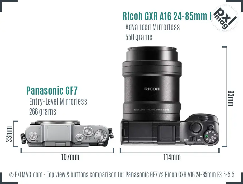 Panasonic GF7 vs Ricoh GXR A16 24-85mm F3.5-5.5 top view buttons comparison