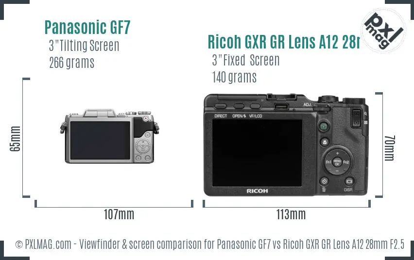Panasonic GF7 vs Ricoh GXR GR Lens A12 28mm F2.5 Screen and Viewfinder comparison