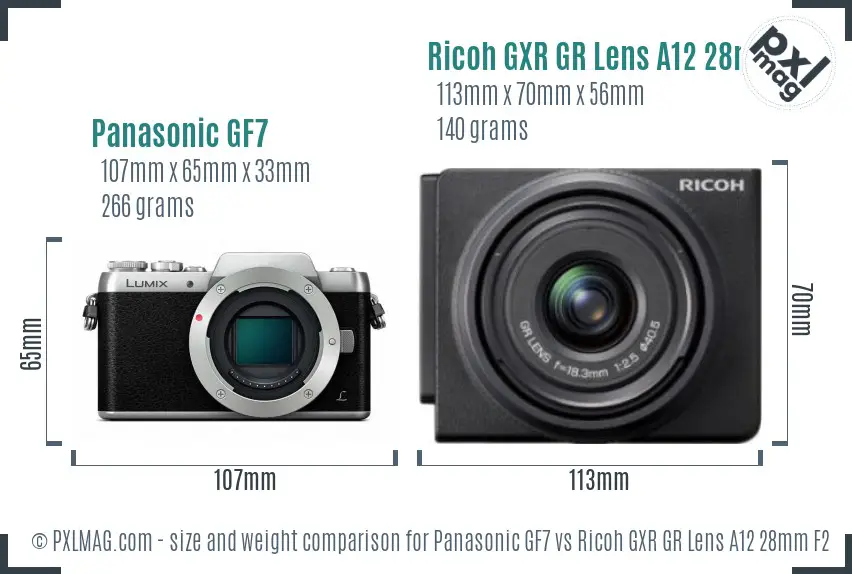 Panasonic GF7 vs Ricoh GXR GR Lens A12 28mm F2.5 size comparison