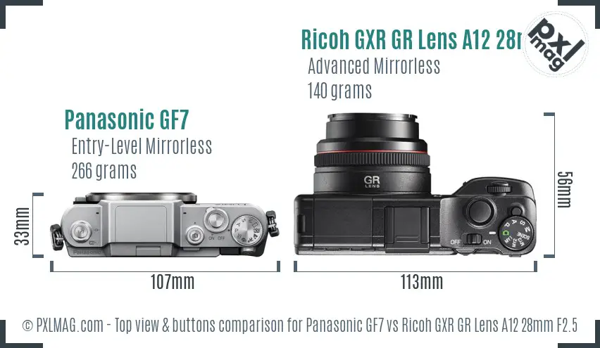 Panasonic GF7 vs Ricoh GXR GR Lens A12 28mm F2.5 top view buttons comparison