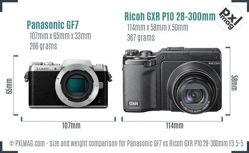Panasonic GF7 vs Ricoh GXR P10 28-300mm F3.5-5.6 VC size comparison