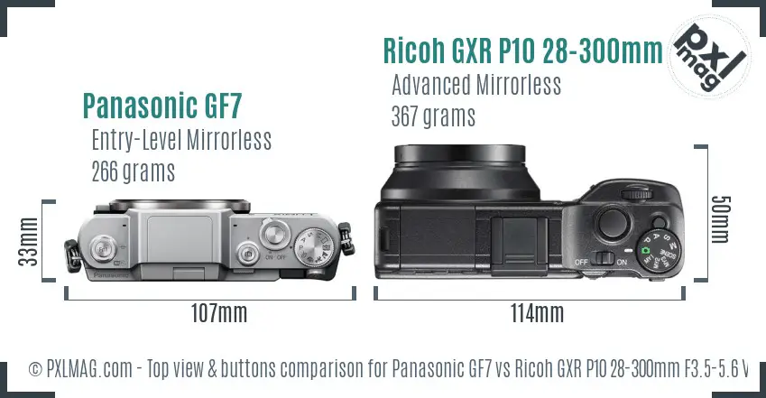 Panasonic GF7 vs Ricoh GXR P10 28-300mm F3.5-5.6 VC top view buttons comparison
