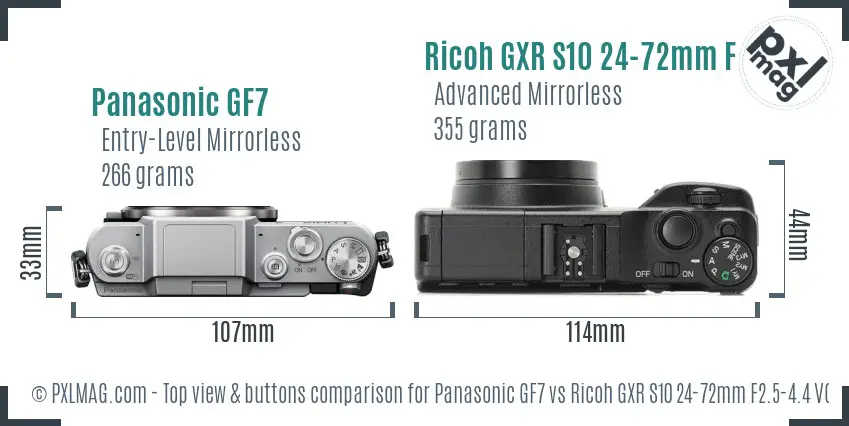 Panasonic GF7 vs Ricoh GXR S10 24-72mm F2.5-4.4 VC top view buttons comparison
